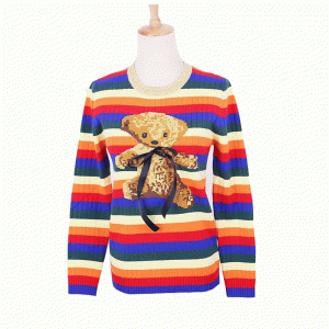 注文ODMのテディベアのIntarsiaの虹のストリップの女性の布のプルオーバーのセーター