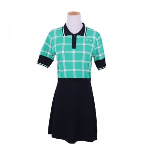 カスタムデザイン半袖ポロ襟コントラスト色チェック柄オフィスレディースニットセータードレス
